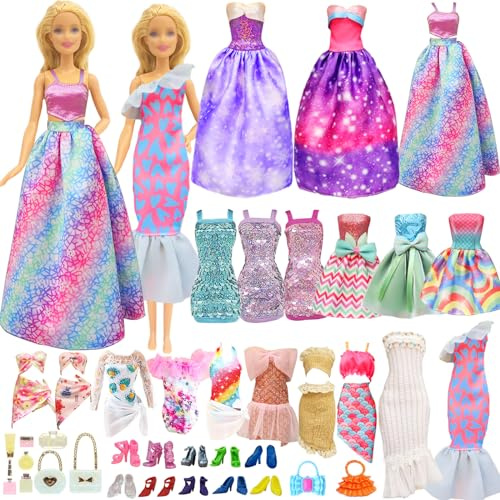 28 vêtements de poupée, 2 robes de soirée, 1 jupe sirène, 1 jupe tubulaire, 2 robes à la mode, 1 bikini, 2 robes à paillettes, 9 sacs de parfum, lot de 10 chaussures, vêtements pour poupées de 11,5