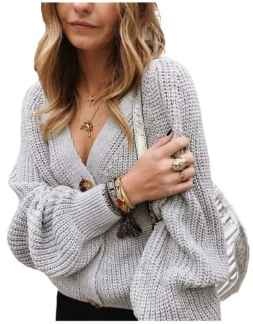 HEYPORK Damen Herbst Winter Warm Bequem Pullover Casual Mode Strickjacke Strickpullover Frauen Einfarbiger Cardigan Gekürzte Strickwaren(Grau, L)