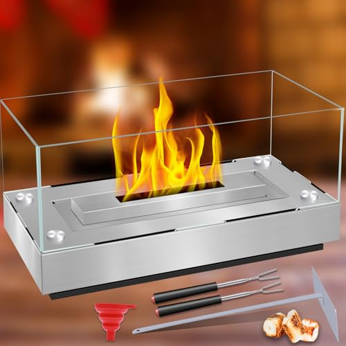 BIAOQINBO Tischkamin, Ethanol Tischkamin für Indoor & Outdoor mit 4-Seitigen Gehärteten Gläsern, Bioethanol Tischkamin Tischfeuer Tragbarer Ethanol Kamine Tisch-Dekofeuer (Silbrig)