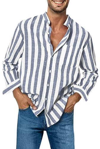 UHouse Hemd Herren Langarm Hemden Freizeit Herrenhemd Mode Baumwolle Freizeithemd Leichte Sommerhemd Gestreiftes Oberhemden Bequeme Stehkragenhemd Lässig Fischerhemd Grau XXL