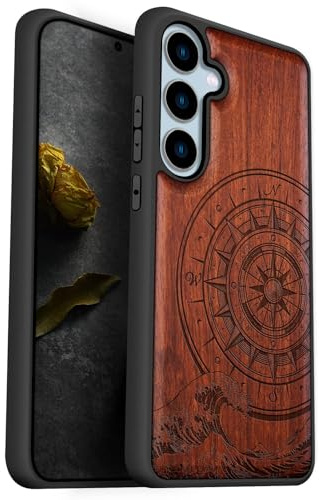 Carveit Holz Hülle für Samsung S24 FE, Pflaumenfarbe-Kanagawa Waves | Holz Cover [Einzigartig Stilvolle Aussehen] Natürliches Massivholz Kompatibel mit Galaxy S24 FE 5G TPU Silikon Case