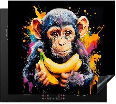 KitchenYeah© Protection Pour Plaque Induction 59x51 cm Plaque de Deco Cuisine Protégé Cache De Cuisson Vitroceramique Singe - Graffiti - Coloré - Bananes - Modern