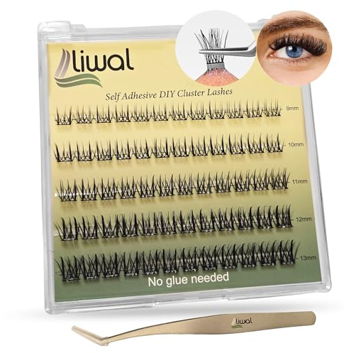 Liwal Self Adhesive Eyelashes, No Glue No Remover Needed 60 Pcs C Curl 9-13mm Pre-Glued Cluster Lashes, Reusable Press-On Eyelashes with Tweezer (LW-Classic 9-13 Mix)