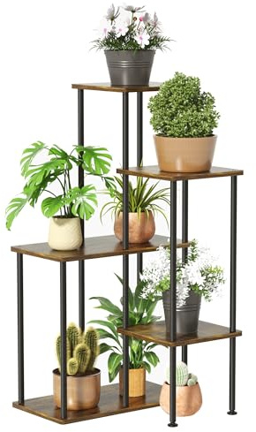 AIKANGBEI 5 Tier Metal Plant Stand Indoor Corner,4 Combination Design Corner Shelf ,Metal Flower Stand for Bedroom,Balcony, Living Room,Home Decor,Black Rustic Brown Plant Shelf 1PCS