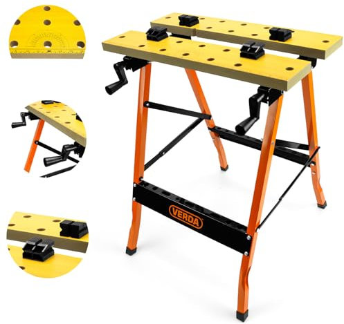 Verda Klappbarer, robuster Werkbank mit 150 kg Tragkraft – Stabiler, höhenverstellbarer und multifunktionaler Arbeitstisch mit Spannbacken – Faltbare und Mobile Werkbank für Heimwerker & Profis
