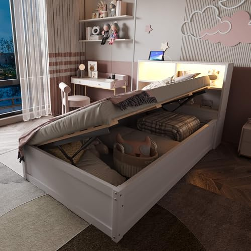 HYUB Einzelbett Stauraumbett 90x200 cm mit Bettkasten, Kopfteil mit Stauraum, Hydraulisches Bett mit Lattenrost, für Schlafzimmer und Gästezimmer, Weiß