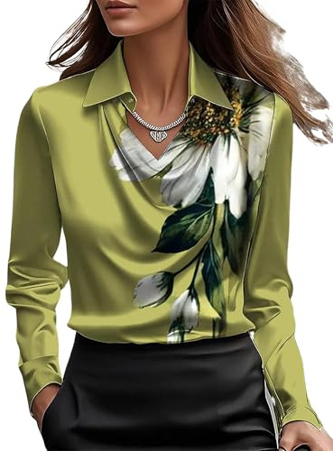 LLECDASEUI Chemisier en Satin élégant à col bénitier pour Femmes, Chemise de Travail de Bureau à Manches Longues, Haut en Soie (Fleur Verte,Grand)