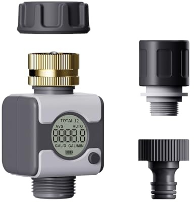 Aqualin Wasserdurchflussmesser Digitaler Wasserzähler | mit Messing Einlass Metall Gewinde - hohe Messgenauigkeit Wassermengenzähler Messung Gallone/Liter IPX6