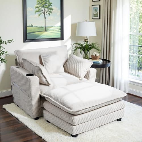 Corduroy Oversized Chair with Seat Pad - 44 Wide Large Comfy Chair and Seat Cover Set, Modern Single Sofa Armrest with USB Port and Cup Holder, Living Room Cloud Lounger (Biege)