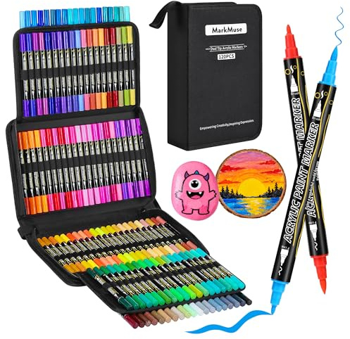 MarkMuse 120 Colori Pennarelli Acrilici Doppia Punta, Marcatori Acrilici Asciugatura Rapida & Impermeabili, Acrylic Marker Ad Acqua per Dipingere Sassi, Colorazione, Legno, Vetro, Tessuti, Pittura