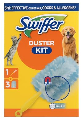 Swiffer Kit de plumero con asa, 3 en 1, sistema de defensa contra alérgenos, pelo de animales sucios y antiolores
