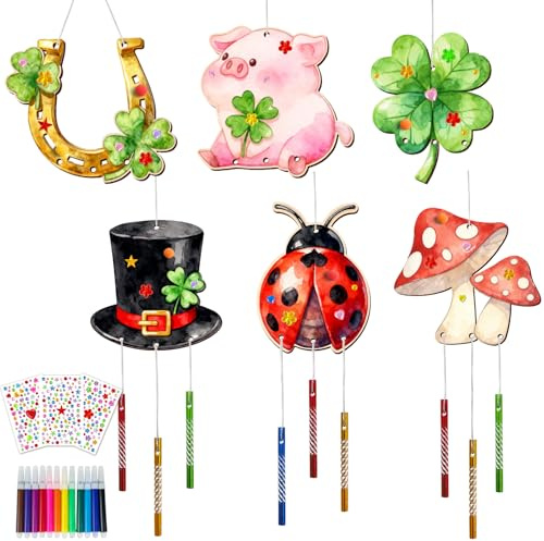 Silvester Basteln Kinder Windspiel Bastelset,12x Neujahr Holz Bastelset Silvester Deko 2026,Glücksbringer Schwein Vierblättriges Kleeblatt Pilz Marienkäfer Zylinder Hufeisen,Bastelhandwerk zum Bemalen