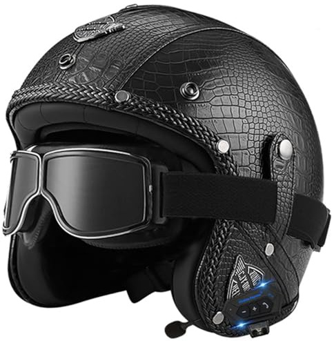 Retro-Leder Bluetooth Motorrad Helm Mit Schutzbrille 3/4 Motorrad Jethelm DOTECE Zugelassen Offener Roller Helm für Erwachsene Männer und Frauen Moped Scooter Halbhelme E,M=57~58CM