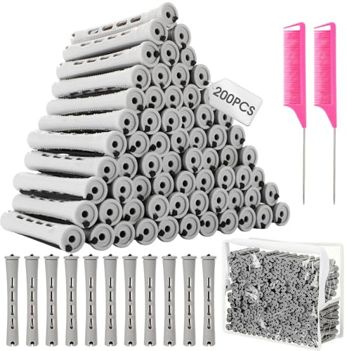 XunYee Gray 200 Piece Hair Perm Rods Set Plastic Cold Ironing Stick, Heatless Perming Rods Hair Curlers Rollers with Pintail Comb and Tote Bag for Long Short Straight Curly Natural DIY (Elegant)