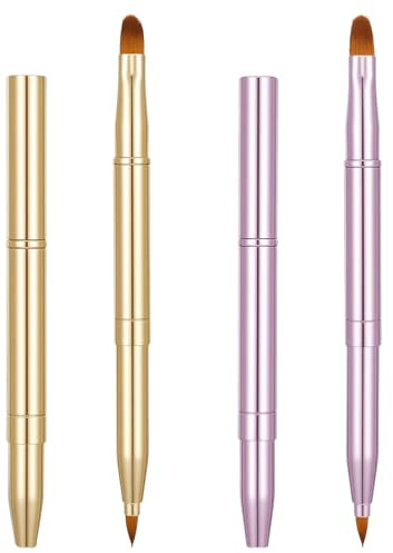 2 Pack Retractable Lip Brush for Lipstick, Dual-Ended Portable Lip Makeup Brush with Cap for Gloss & Eyeshadow, Travel-Friendly Set (Gold，Pink)