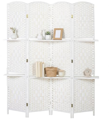 HOMCOM Paravent séparateur de pièce 4 Panneaux 160 x170 cm avec 2 étagères, Pliable, en Bois pour Le Bureau, Salon, Chambre, Blanc