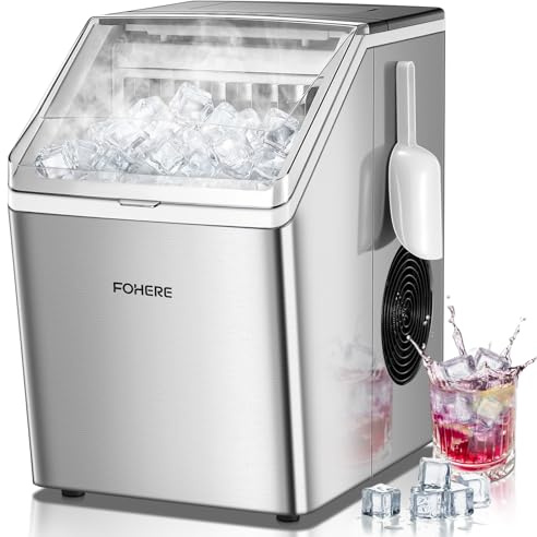 FOHERE Máquina de Hielo de Acero Inoxidable, 24kg/24h, 24 Cubitos en 10-15 Min, Tanque 3,2L con Temporizador, Autolimpieza & Descongelación, Doble Sistema de Llenado, Hostelería & Hogar