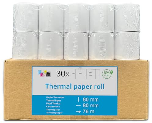 30 EC-Cash Thermorollen 80 x 80 x 12 für EC-Geräte mit Thermodrucker, Thermopapier EC-Cash Bonrolle, Bisphenol-A frei. Lauflänge 78,8 m. Für den Einsatz in Kassensystemen und Thermodruckwerken