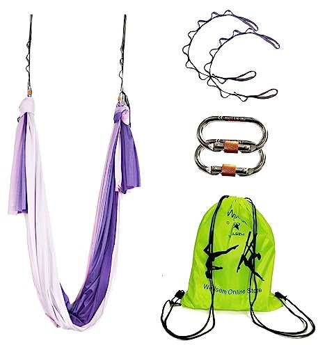WELLSEM Aerial Yoga Hammock Aerial Pilates Silk Yoga Swing Set Include Carabiners Daisy Chain, Pose Guide 5.5 Yards Set (Purple Air Color)