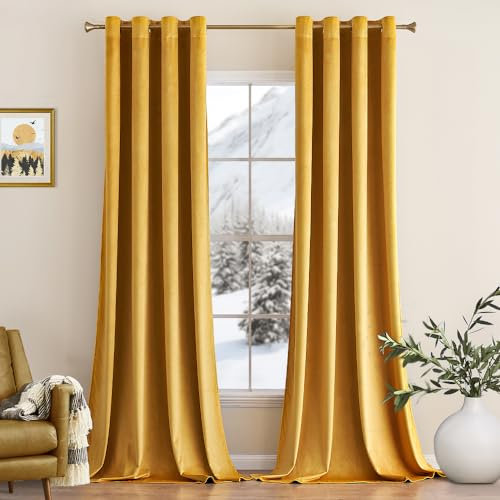 MIULEE Senfgelb Samtvorhang Ösen 2er Set 140X245, Blickdichte Vorhänge Samt für Schlafzimmer Wohnzimmer, Wunderschön Weich Vorhang Verdunkelung Velvet Curtains, Verdunkelnd Samt Gardinen Blickdicht
