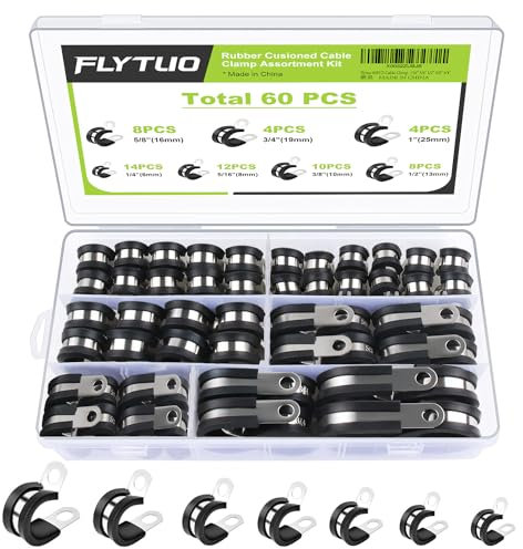 Flytuo 60PCS Cable Clamps Assortment Kit 304 Stainless Steel Rubber Cushion Pipe Clamps in 7 Sizes 6mm 8mm 10mm 13mm 16mm 19mm 25mm