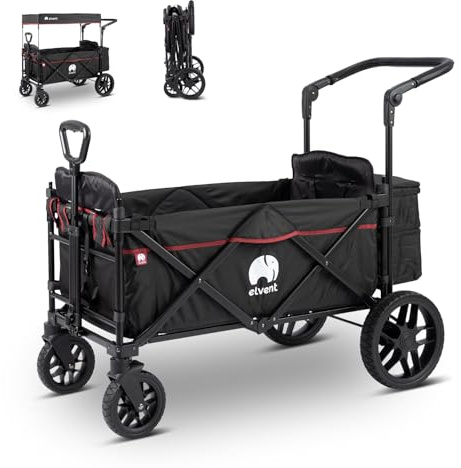 elvent® SmartCruiser Premium Bollerwagen - Handwagen faltbar mit Dach I Sitzpolster, Hecktasche, Feststellbremse, Off-Road-Reifen, 5-Punkt-Gurt I für 2 Kinder | Teleskop-Zugstange (Schwarz)