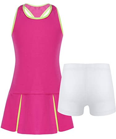 Aislor Tennisbekleidung Mädchen Sportkleid Tenniskleid Sport Kleid Hockeykleid Freizeitkleid Sommerkleid Sportbekleidung Tennisanzug V Rosenrot 134-140