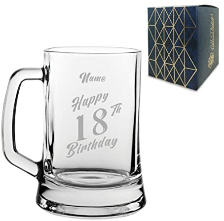 Personalised Engraved Tankard Beer Mug Stein Happy 18th Birthday Slanted Design Gift Boxed, 16.75oz/495ml Classic Beer Glass, Any Name, Engraved in The UK