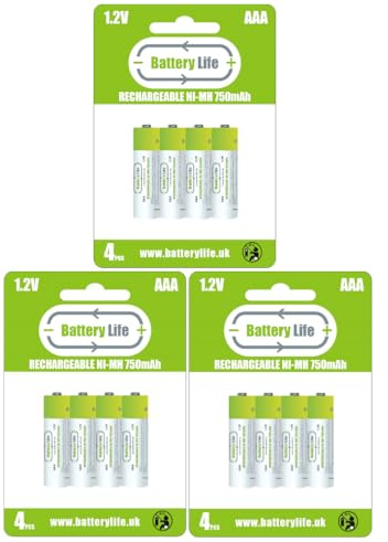 Battery Life AAA Rechargeable Batteries (12 pack) 750mAh Ni-MH 1.2v Household UK Brand