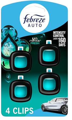 Febreze Car Air Freshener, Odor-Fighting Automotive Vent Clip, Scented Car Accessories, Long Lasting for Strong Odors, Unstopables Fresh Scent, .07 fl oz, 4 Count