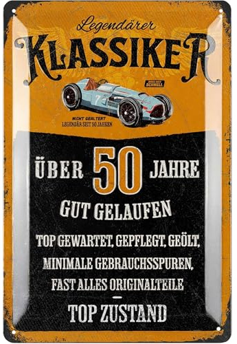 LANOLU Blechschild Schild 50 Geburtstag, SCHILD 50 JAHRE KLASSIKER, Geschenke für den 50 Geburtstag Mann, lustiges Schild 50 Geburtstag Deko als lustige Geburtstagskarte, vintage Metallschild 20x30 cm