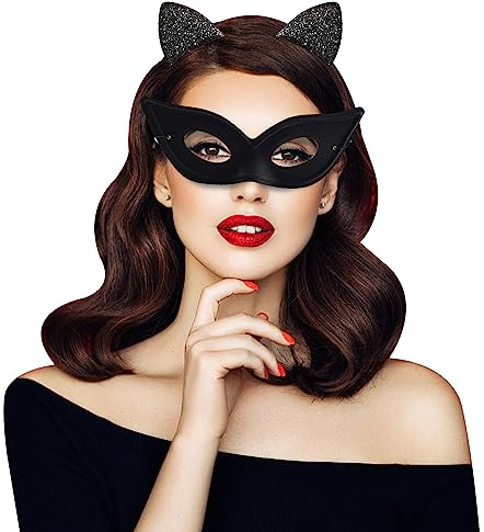 EQLEF Catwoman mask och kattöron hårband set, svart kattögonmask med elastiskt snöre maskerad masker för kvinnor flickor kattkvinna mask för katt tema fest cosplay kostym