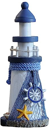 HOMSFOU Wooden Lighthouse Ornaments 7.5 Inch Nautical Tabletop Decoration Mediterranean Style Ocean Theme Home Decor Kids Room Accent