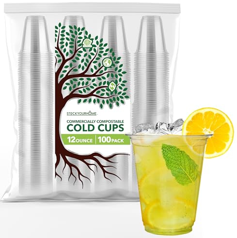 Stock Your Home 12 oz Clear Compostable Cold Cups (100 Pack) Plant Based Biodegradable No Plastic Eco Party Cup, Environmentally Friendly Recyclable Disposable Sustainable for Water, Wine
