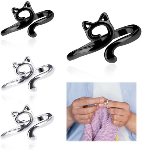 Jeffdad 4 Stück Häkelring für Fingergarn, Verstellbare Metall Häkelring Katzenohren, Häkelringe Finger Strickschlaufe Stricken Häkeln Schleife Ring Offene Garnführung Fingerhalter für Finger