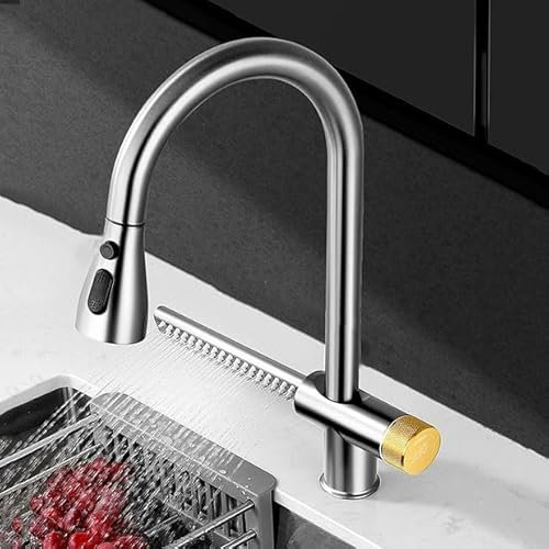 ZYCDP Rubinetteria Cucina con Doccetta Estraibile Flying Rain Cascata, Miscelatore Monocomando Cucina Fredda e Calda Girevole a 360° Spazzolato