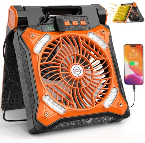 KITWLEMEN Upgraded Solar Camping Fan with Lantern - Rechargeable Battery Operated Fan, 36H Run Time Max, 4 Speeds, 8H Timer, 90° Adjustable Portable Desk Fan for Hurricane, Power Outage, Outdoor Use