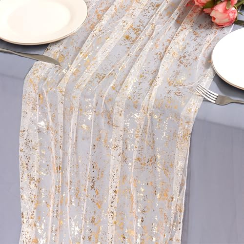 LOMOHOO Tischläufer Gold 70X300cm Tischdeko Goldene Hochzeit Geburtstag mit Goldfolie, Glänzend Tischband Hochzeit Boho Table Runner Modern, Tischläufer Deko Weihnachten Party Taufe Mädchen