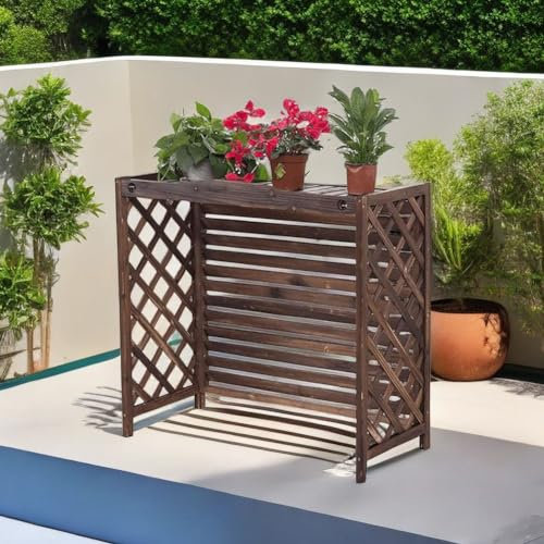 BOKNI Lamellenzaun für Klimaanlagen aus Massivholz, Heizkörperabdeckungen für Außengeräte, Blumenständer zum Verstecken der Klimaanlage, 4 Größen, karbonisierter Retro-Stil (Größe: Klein) (eine FA