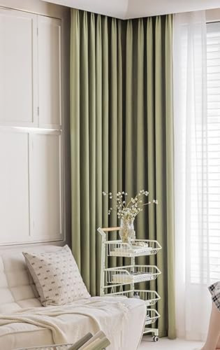 Bishilin Vorhänge Blickdicht 2 Set Matcha Grün, Verdunklungsvorhänge mit Haken Modern Einfach 107x160CM Gardinen Polyester Baumwolle Wohnzimmer Jugendzimmer Schlafzimmer