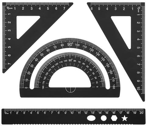 PATIKIL Set di Squadra Triangolare, Righello Metrico da 20cm in Alluminio, Squadra Triangolare 45°60° e Goniometro, 4Pz, Nero