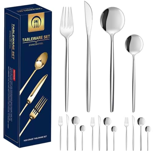 Couverts en argent HQILRRA pour 4 personnes, ensemble de couverts en acier inoxydable de 16 pièces comprenant couteau/fourchette/cuillère, poli miroir, élégant et confortable au toucher