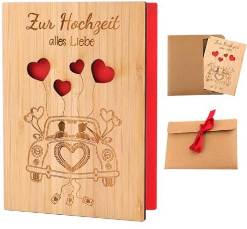 CUEMOON Hochzeitskarte Holz mit Umschlag, Karte zur Hochzeit Geschenkkarte für Hochzeitsreise für Brautpaar 15x11cm Hochzeitskarte Holz