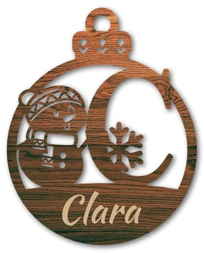 Urhome Weihnachtskugel personalisiert mit Wunschtext Gravur Buchstabe C mit Schneeman Motiv Dunkel Braun - Ornament Christbaumschmuck Weihnachtsdeko Weihnachtsbaum Anhänger aus 6,5mm Holz