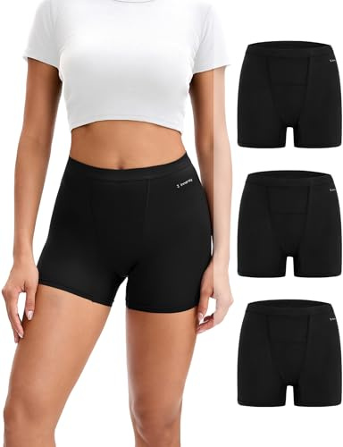 INNERSY Period Boxer for Women High Waisted Leak Proof Postpartm Menstrual Mesh BoyShorts Panties Underwear 3-Pack (Black, Large)