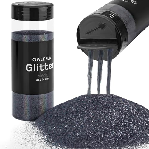 OWLKELA 170 g feiner Glitzer, schwarzes Glitzerpulver für Sesin, Kunst & Handwerk, Nägel, Haar, Gesicht, Körper, Schleim, Festival-Kosmetikpulver zum Malen, Kerzen-/Seifenherstellung, Wachsen