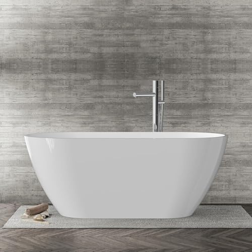 59 Free Standing Tub, Acrylic Soaking Bathtub, Stand Alone Freestanding Tub with Matte Sliver Drain and Overflow, Contemporary Bathtub for Bathroom, Gloss White