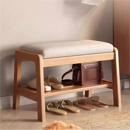 ZHANGshouf Banco Zapatero de Madera Maciza con cojín, Zapatero de Dos Niveles para Entrada, Zapatero Moderno de Mediados de Siglo para Pasillo y Sala de Estar (80 cm/31,5, Cerezo)