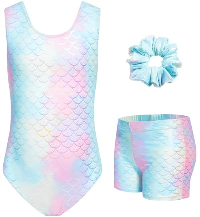 JiAmy – Justaucorps de gymnastique pour filles, maillots de ballet de danse avec paillettes, vêtements de sport avec manches courtes et bandeau pour cheveux pour enfants, 3-4 ans