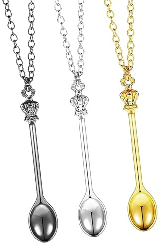 Mini Spoon Spoon Necklaces Set, 3 Long Chains in Silver, Gold, Black | tiny scoop and crown charms, novelty jewellery spoon necklaces for fancy dress, parties and party favours